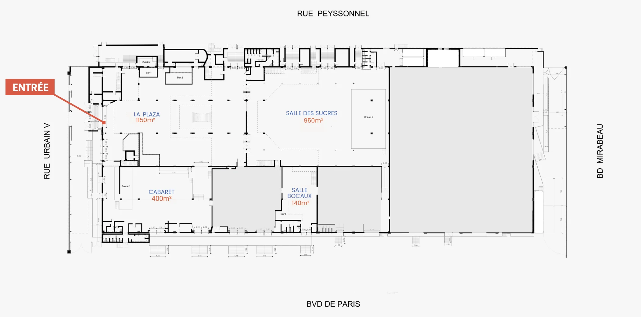 Plan du Hangar à Sucre : La Plaza 1 150 m², Salle des sucres 950 m², Cabaret 400 m², Salle bocaux 140 m², entrée rue Urbain V